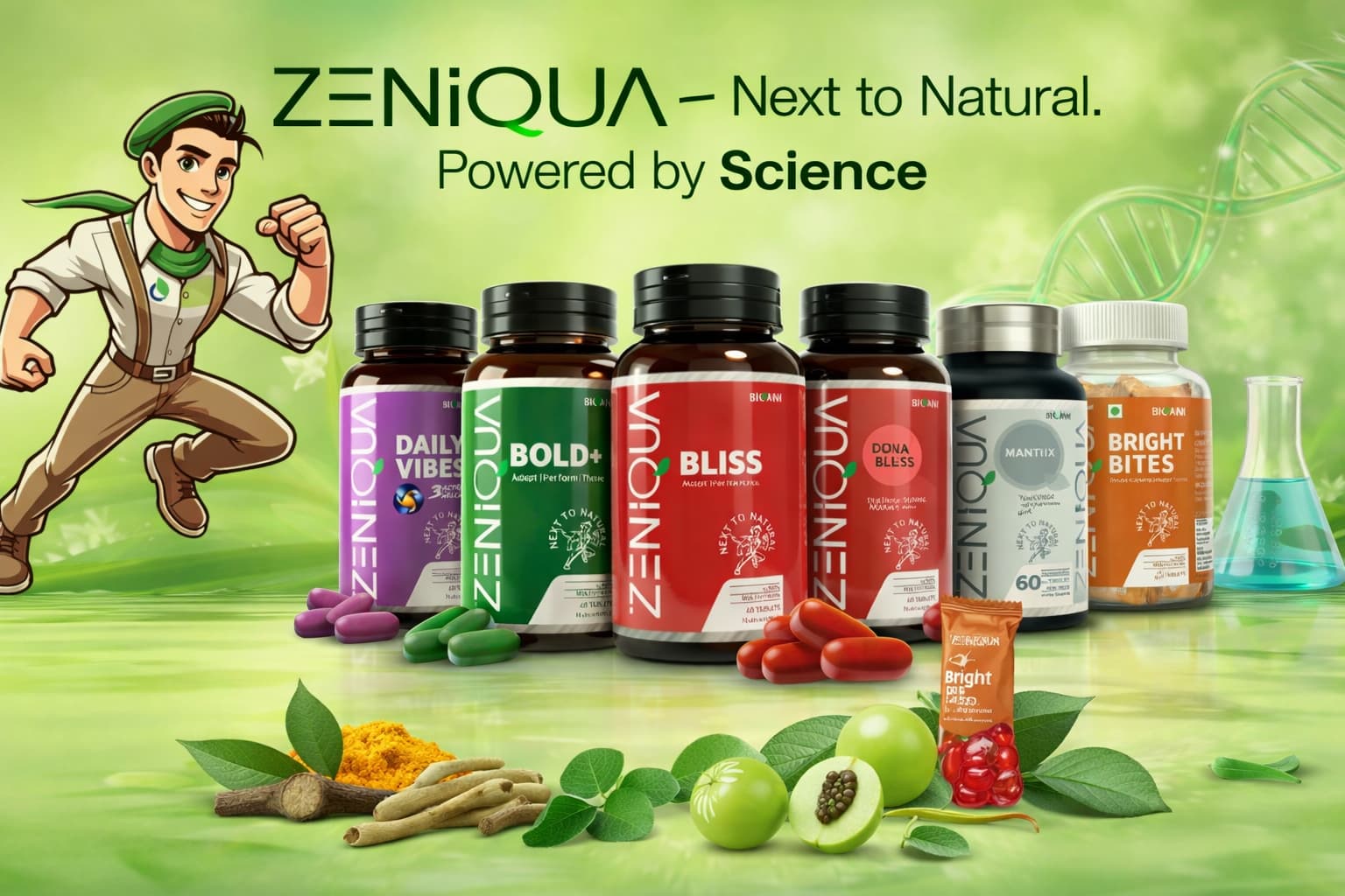 Zeniqua nutraceuticals products range showcasing natural wellness supplements powered by science and Ayurveda.